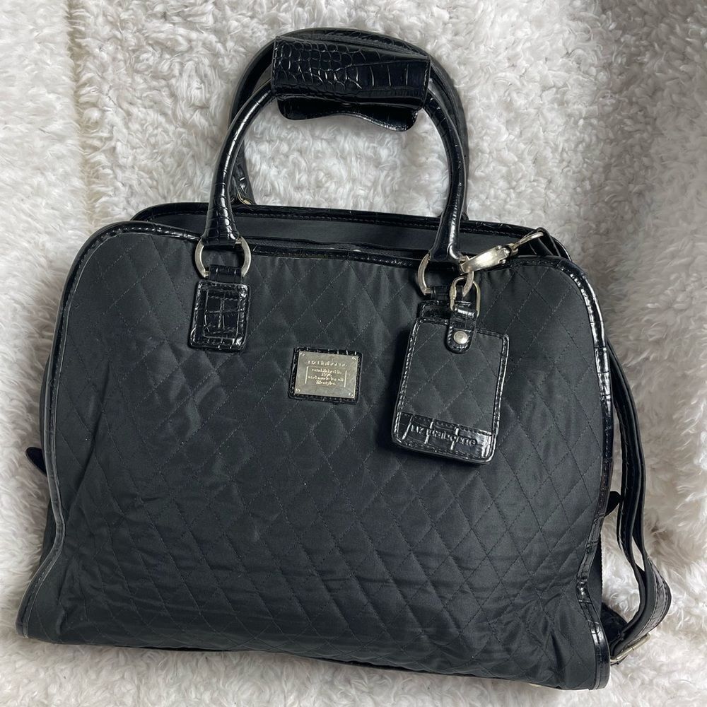 Liz Claiborne Black quilted fabric large laptop work bag silver tone hardwares